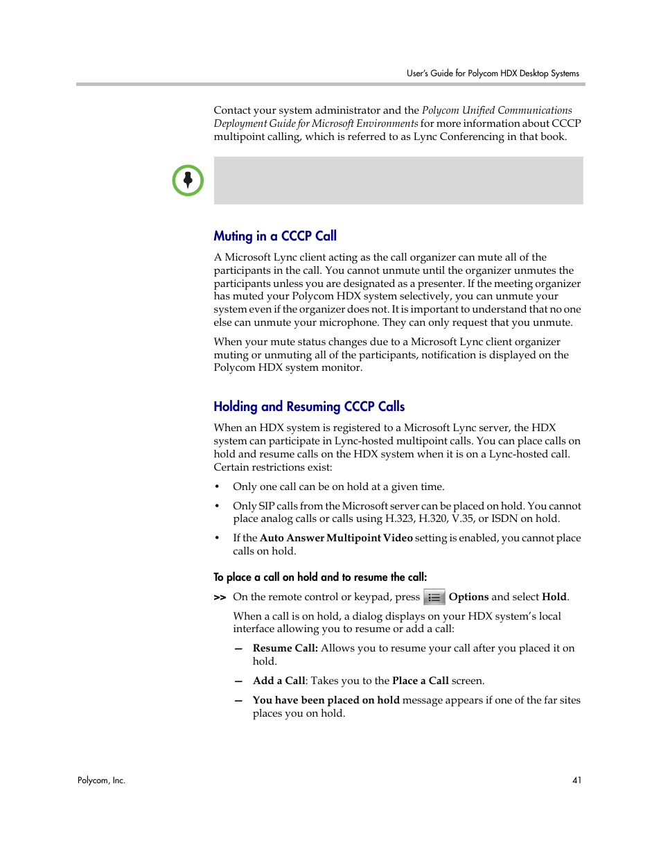 Muting in a cccp call, Holding and resuming cccp calls | Polycom 3725-26470-004/A User Manual | Page 45 / 49