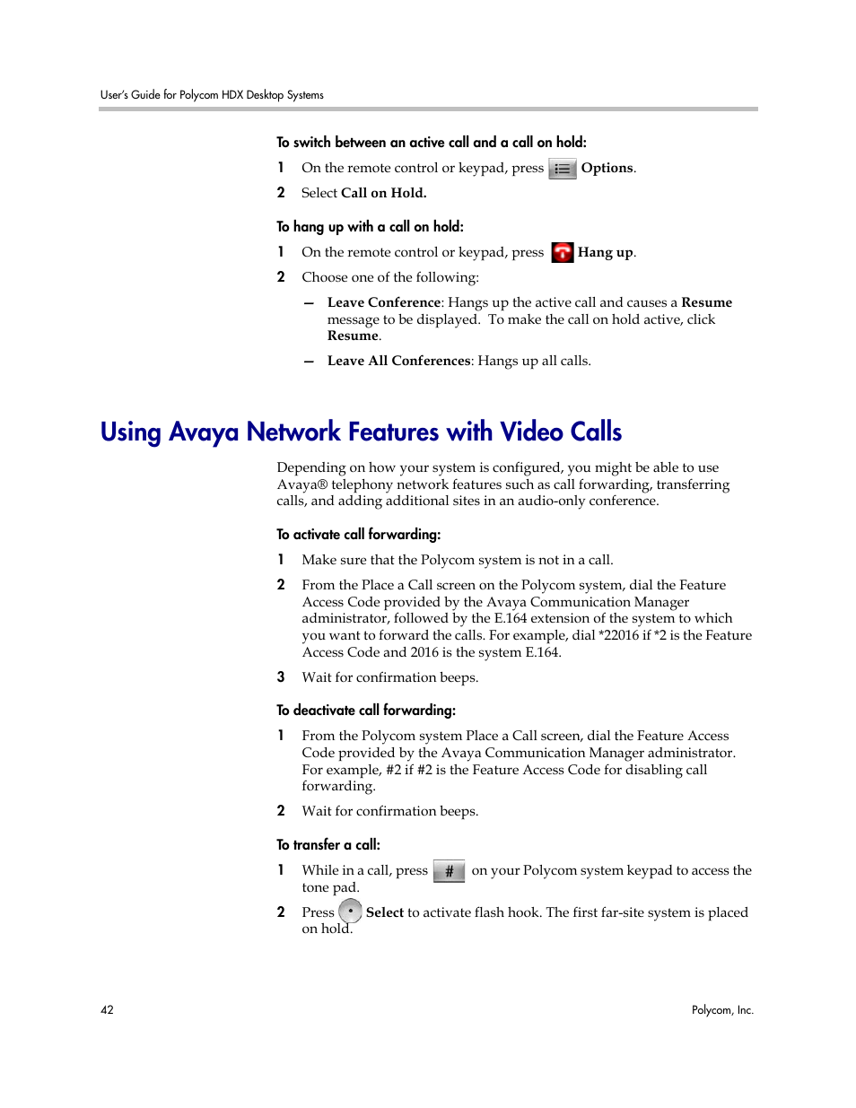 Using avaya network features with video calls | Polycom 3725-26470-004/A User Manual | Page 46 / 49