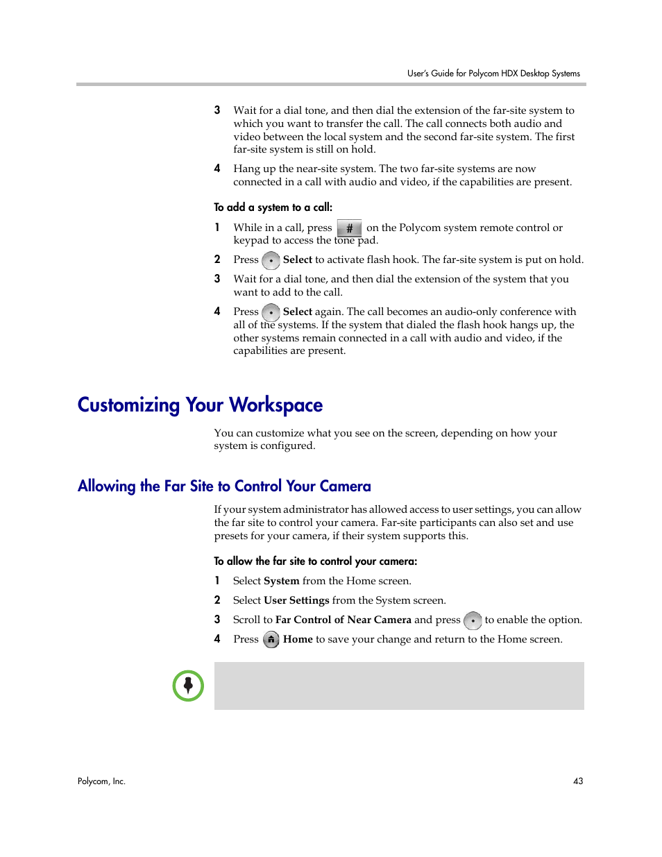 Customizing your workspace, Allowing the far site to control your camera | Polycom 3725-26470-004/A User Manual | Page 47 / 49