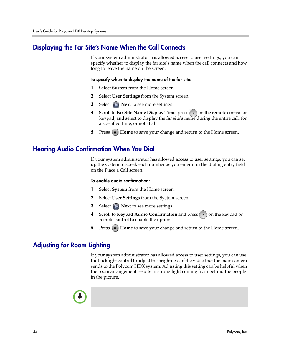 Hearing audio confirmation when you dial, Adjusting for room lighting | Polycom 3725-26470-004/A User Manual | Page 48 / 49