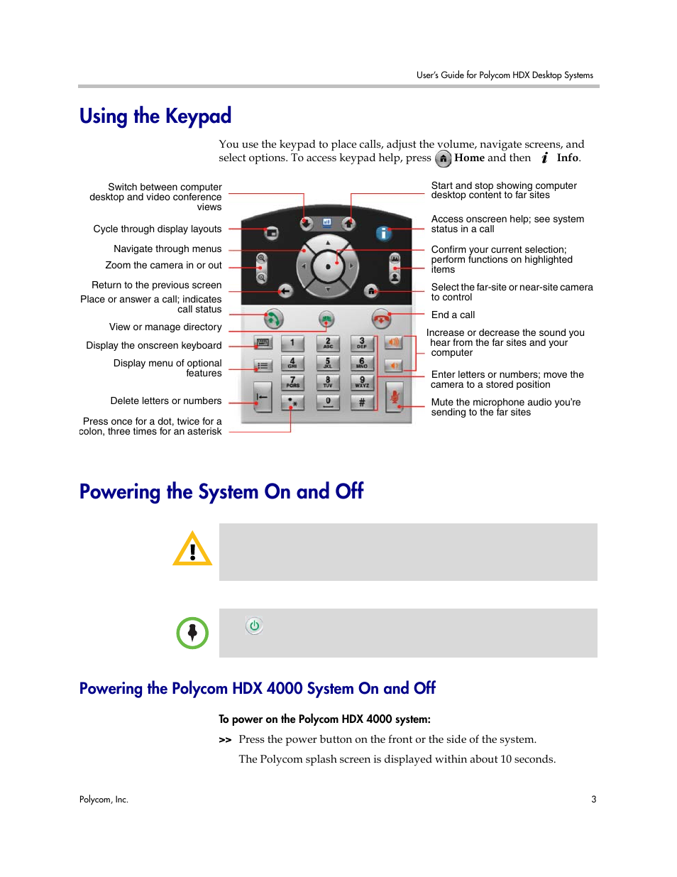 Using the keypad, Powering the system on and off, Powering the polycom hdx 4000 system on and off | Using the keypad powering the system on and off | Polycom 3725-26470-004/A User Manual | Page 7 / 49