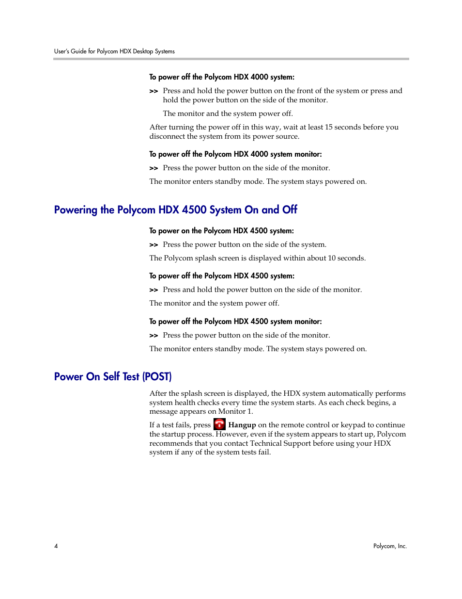 Powering the polycom hdx 4500 system on and off, Power on self test (post) | Polycom 3725-26470-004/A User Manual | Page 8 / 49