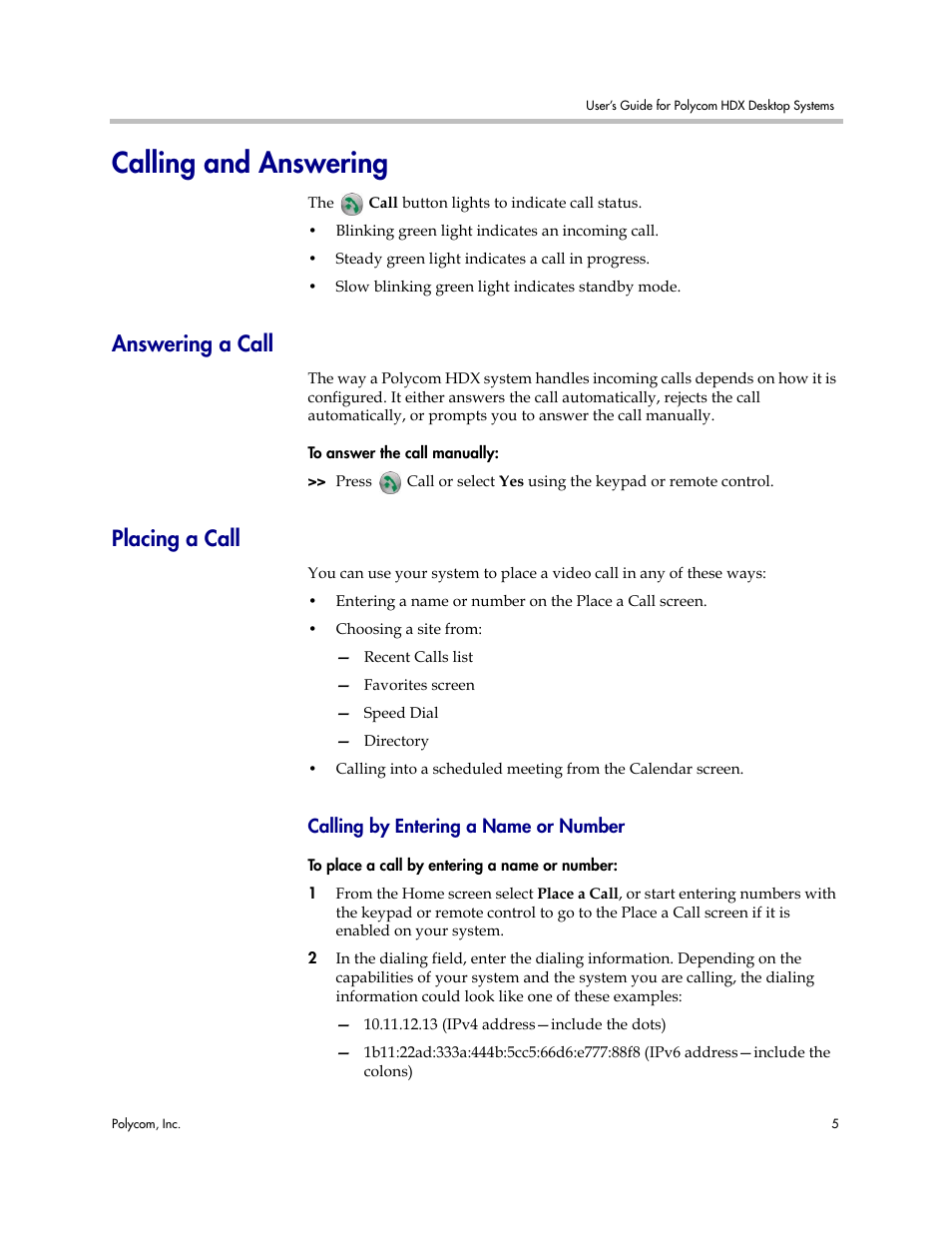 Calling and answering, Answering a call, Placing a call | Calling by entering a name or number, Answering a call placing a call | Polycom 3725-26470-004/A User Manual | Page 9 / 49