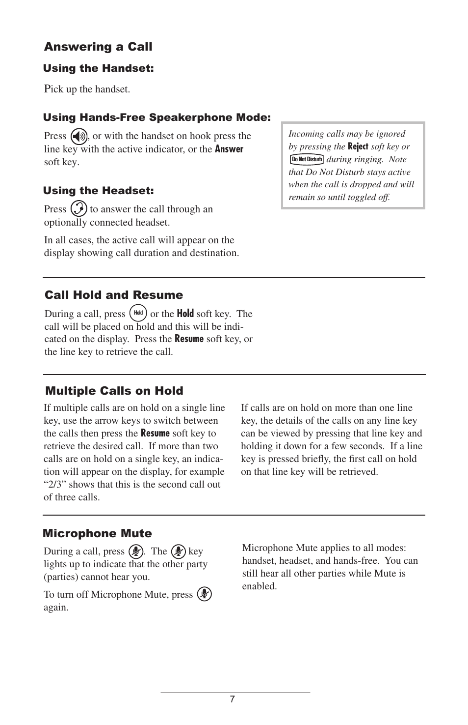 Answering a call, Call hold, Multiple calls on hold | Microphone mute, Call hold and resume, Multiple calls on hold microphone mute | Polycom SOUNDPOINT IP 600 SIP 1.6.X User Manual | Page 10 / 29