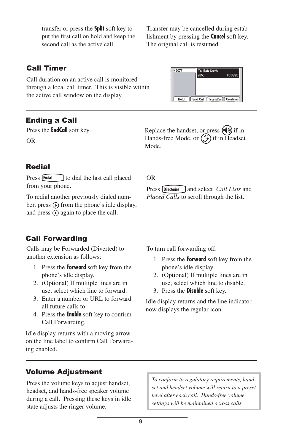 Call timer, Ending a call, Redial | Call forwarding, Volume adjustment | Polycom SOUNDPOINT IP 600 SIP 1.6.X User Manual | Page 12 / 29