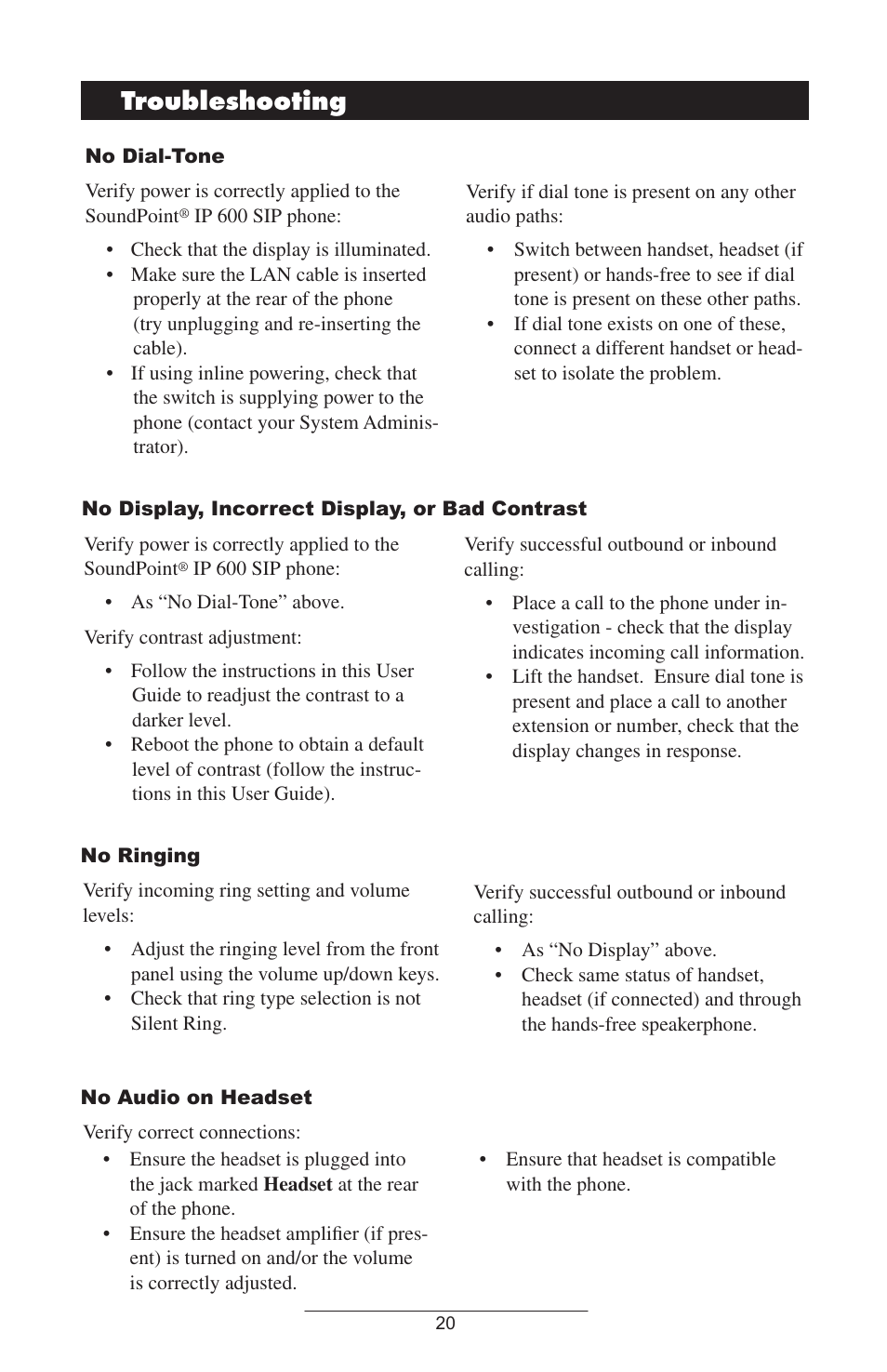 Troubleshooting | Polycom SOUNDPOINT IP 600 SIP 1.6.X User Manual | Page 23 / 29