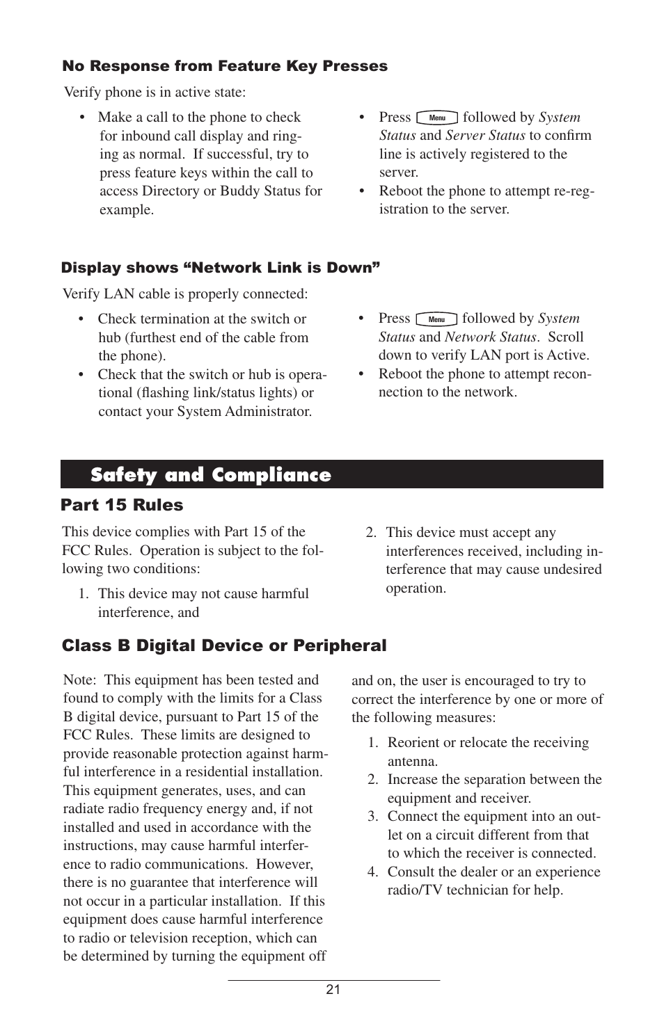 Safety and compliance, Part 15 rules, Class b digital device or peripheral | Polycom SOUNDPOINT IP 600 SIP 1.6.X User Manual | Page 24 / 29