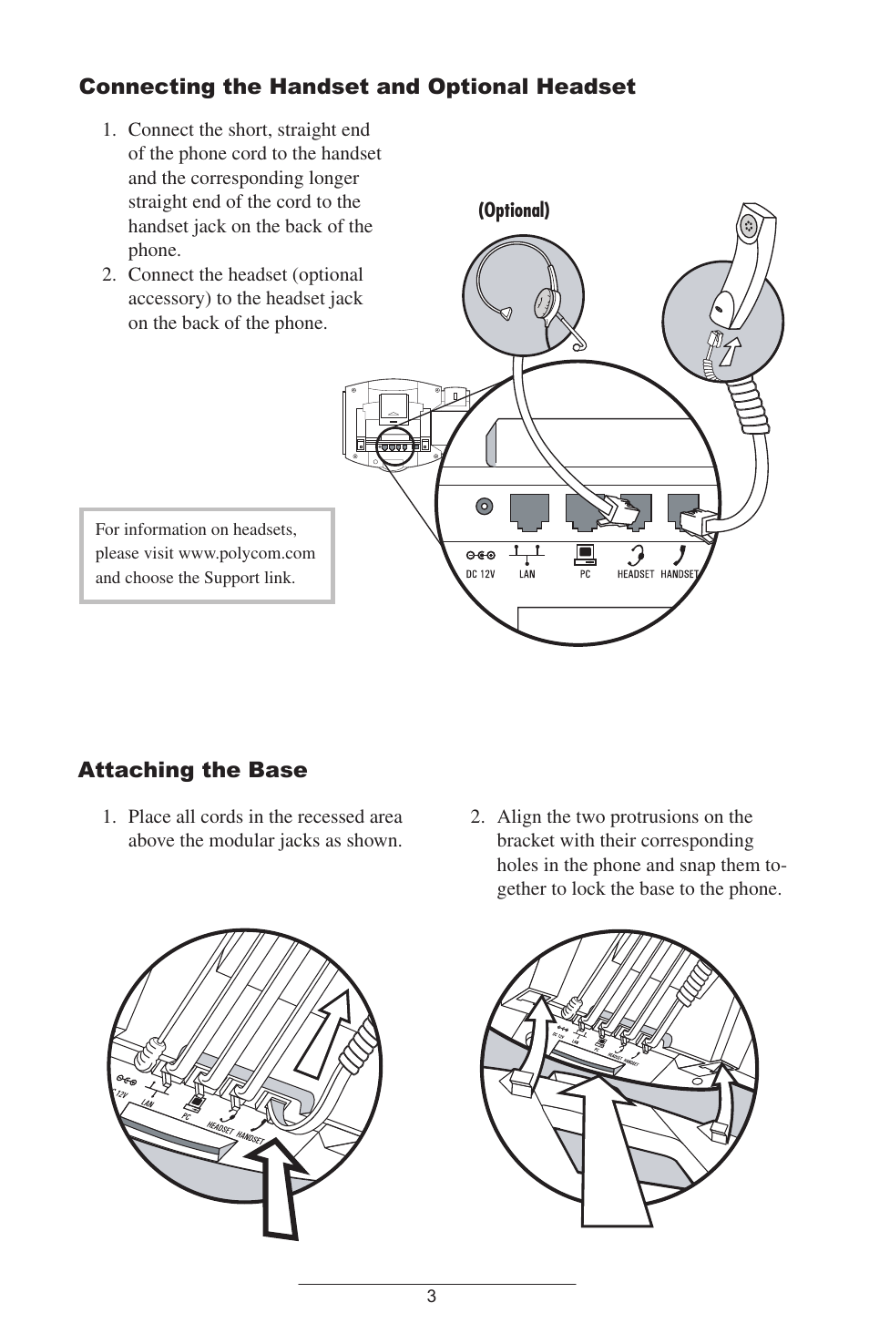 Connecting the handset and optional headset, Attaching the base | Polycom SOUNDPOINT IP 600 SIP 1.6.X User Manual | Page 6 / 29