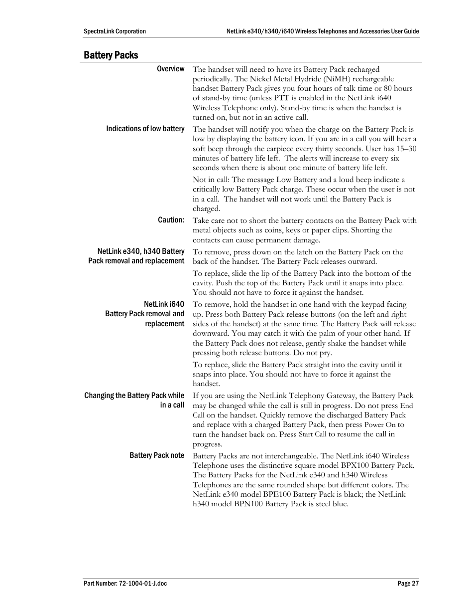 Battery packs | Polycom SpectraLink NetLink DCX100 User Manual | Page 27 / 50