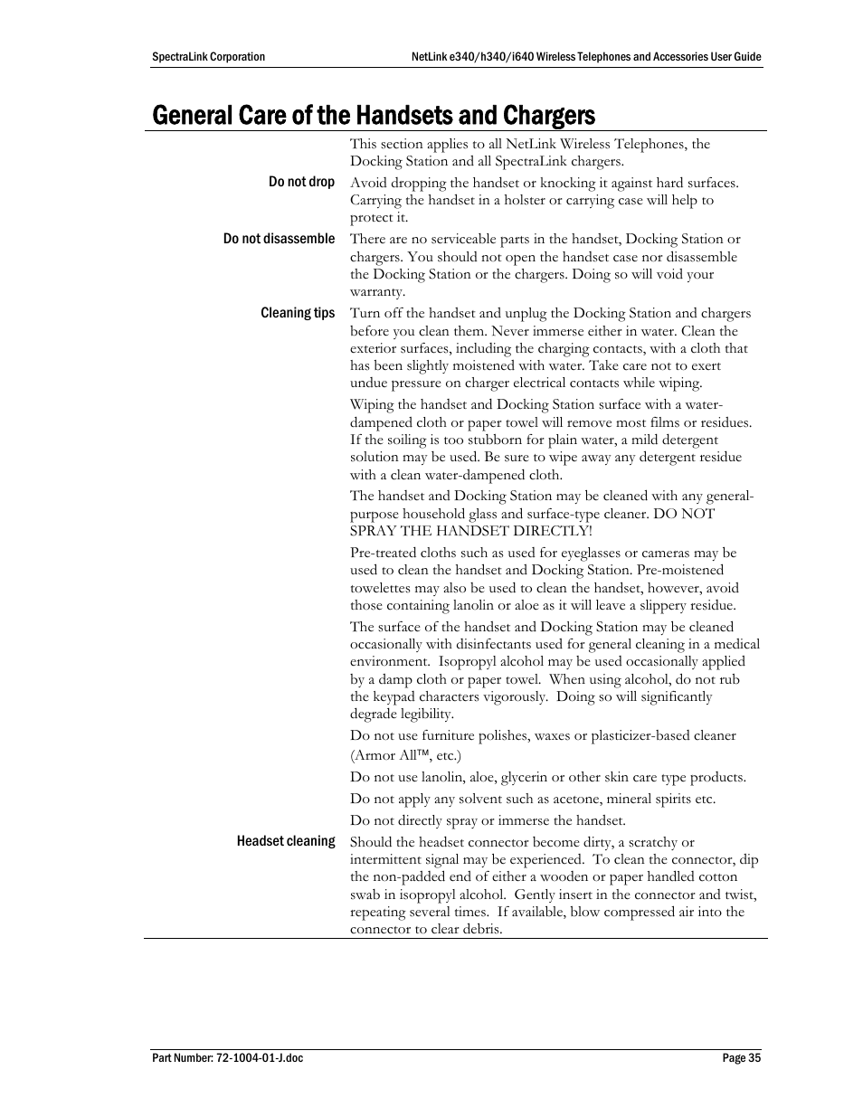 General care of the handsets and chargers | Polycom SpectraLink NetLink DCX100 User Manual | Page 35 / 50