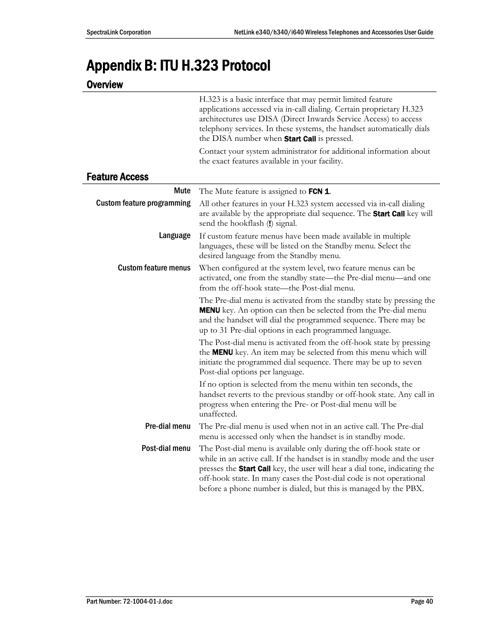 Appendix b: itu h.323 protocol, Overview, Feature access | Polycom SpectraLink NetLink DCX100 User Manual | Page 40 / 50