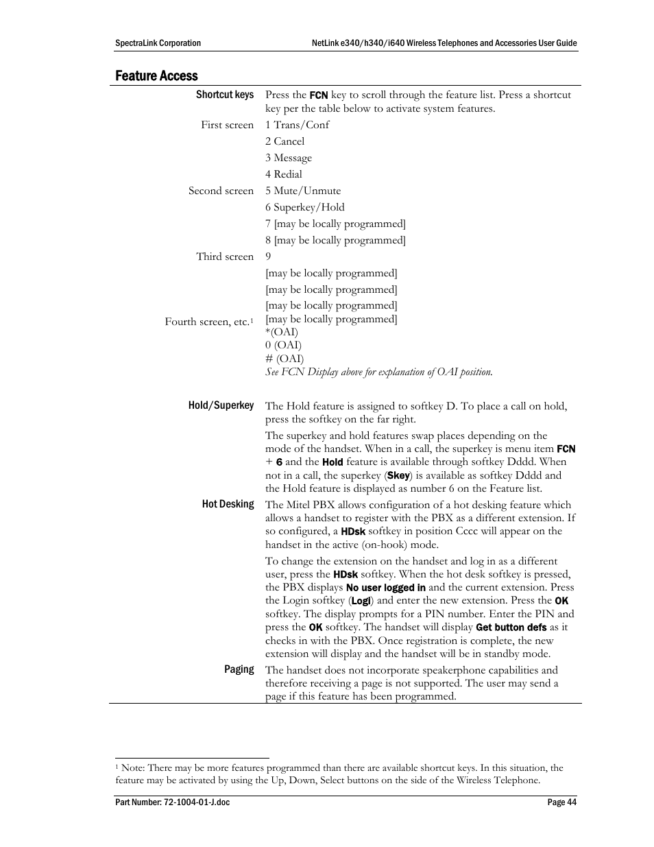 Feature access | Polycom SpectraLink NetLink DCX100 User Manual | Page 44 / 50