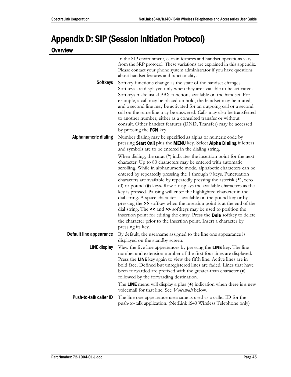 Appendix d: sip (session initiation protocol), Overview | Polycom SpectraLink NetLink DCX100 User Manual | Page 45 / 50