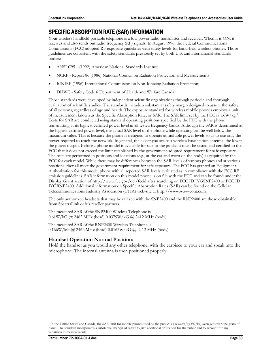 Specific absorption rate (sar) information | Polycom SpectraLink NetLink DCX100 User Manual | Page 50 / 50