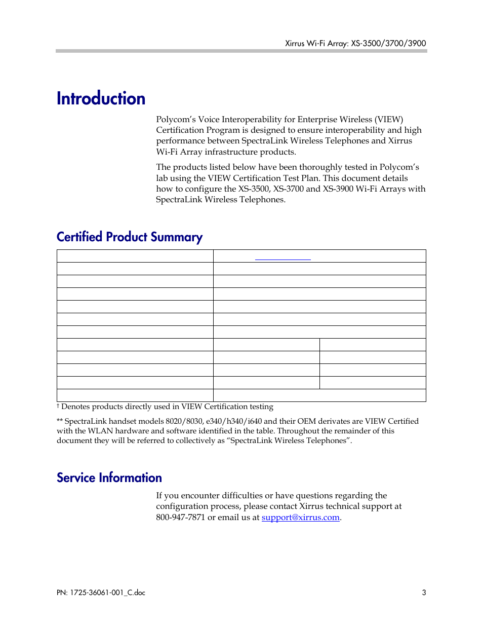 Introduction, Certified product summary, Service information | Polycom XS-3900 User Manual | Page 3 / 19