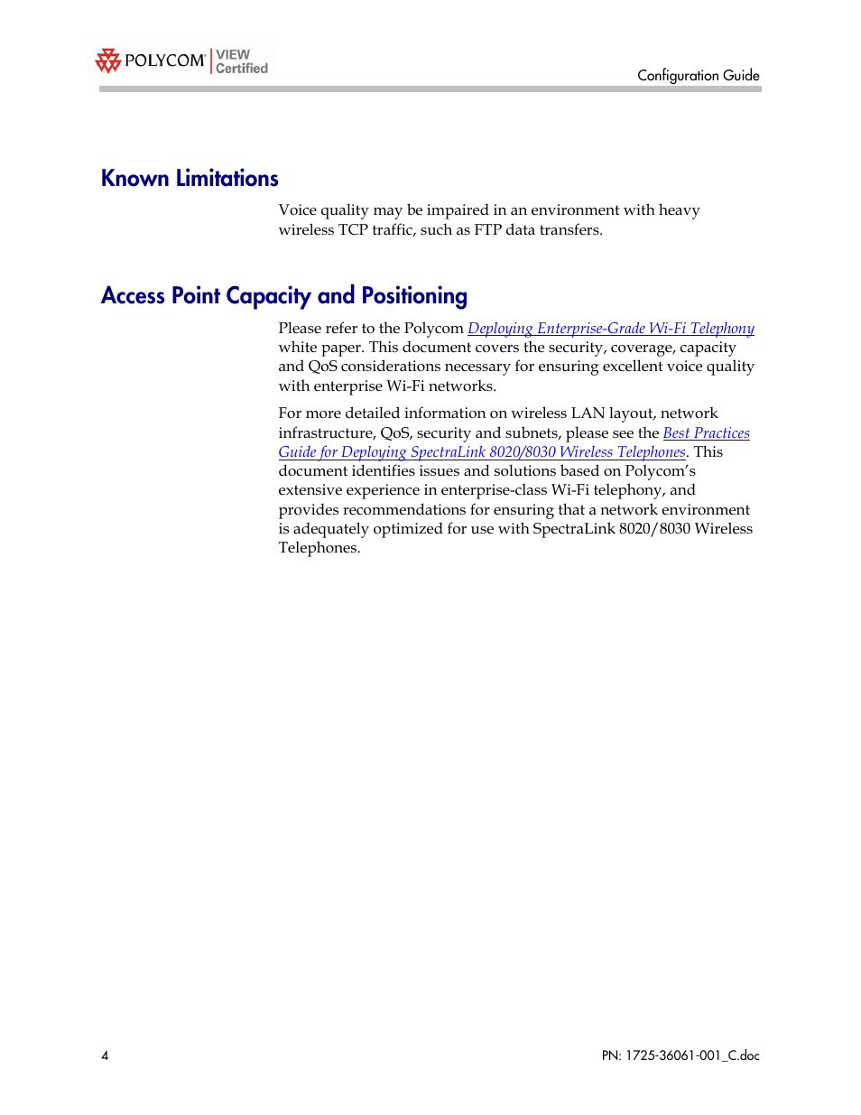 Known limitations, Access point capacity and positioning | Polycom XS-3900 User Manual | Page 4 / 19