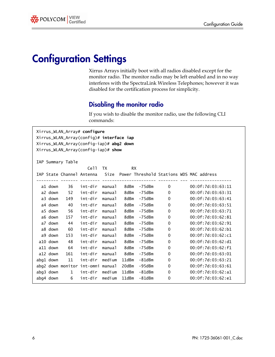 Configuration settings, Disabling the monitor radio | Polycom XS-3900 User Manual | Page 6 / 19