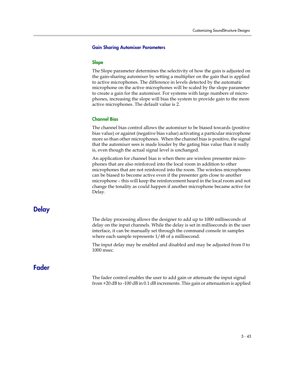 Gain sharing automixer parameters, Delay, Fader | Delay –43 fader –43 | Polycom C16 User Manual | Page 123 / 492