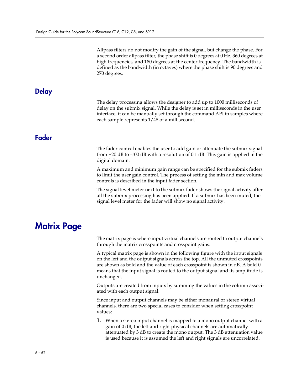 Delay, Fader, Delay –52 fader –52 | Matrix page | Polycom C16 User Manual | Page 132 / 492