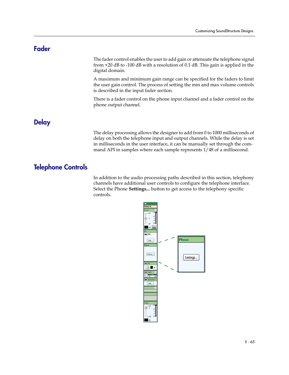 Fader, Delay, Telephone controls | Fader –65 delay –65 telephone controls –65 | Polycom C16 User Manual | Page 145 / 492