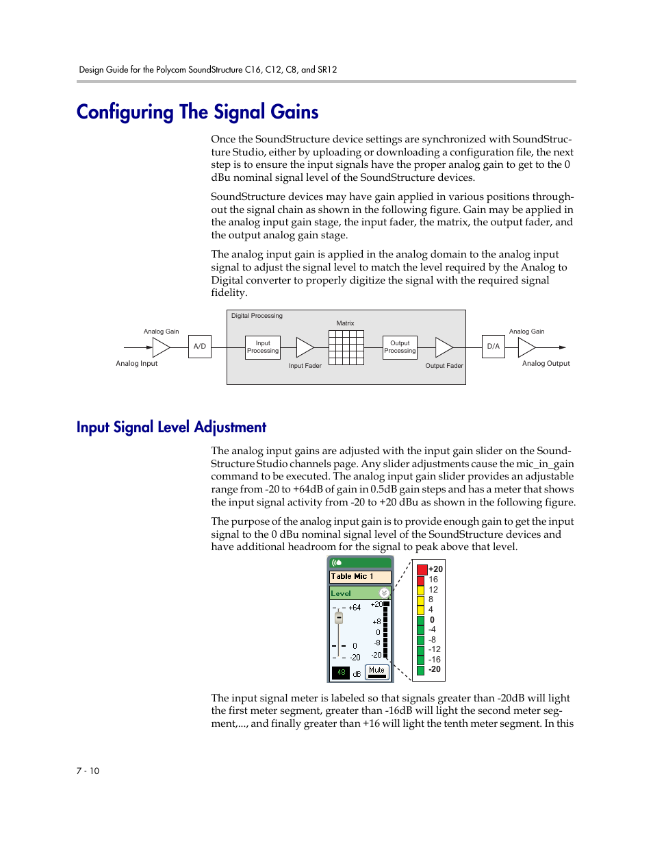 Configuring the signal gains, Input signal level adjustment, Configuring the signal gains –10 | Input signal level adjustment –10 | Polycom C16 User Manual | Page 186 / 492