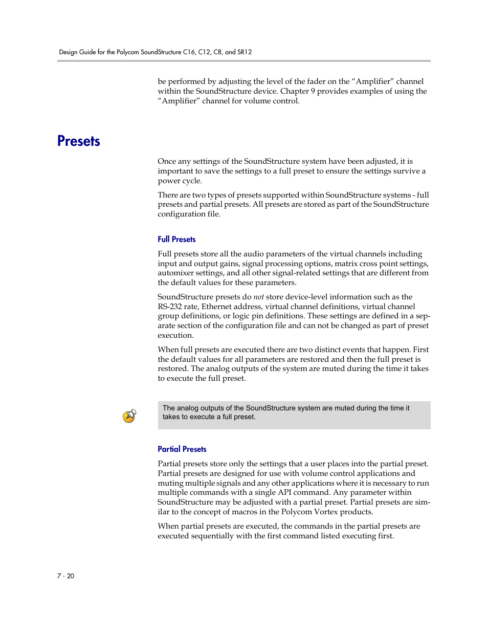 Presets, Full presets, Partial presets | Presets –20 | Polycom C16 User Manual | Page 196 / 492