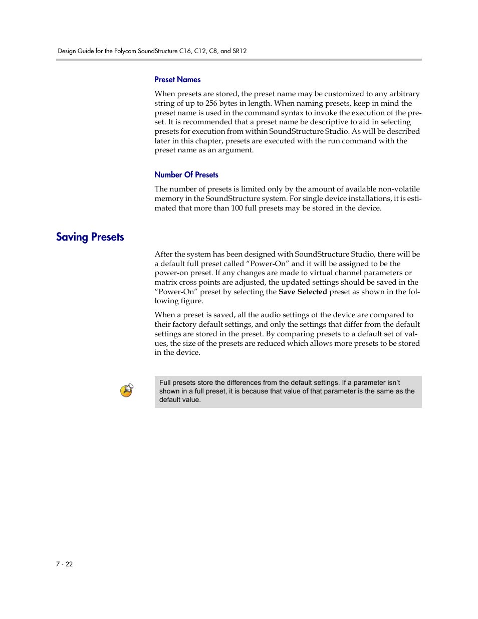 Preset names, Number of presets, Saving presets | Saving presets –22 | Polycom C16 User Manual | Page 198 / 492
