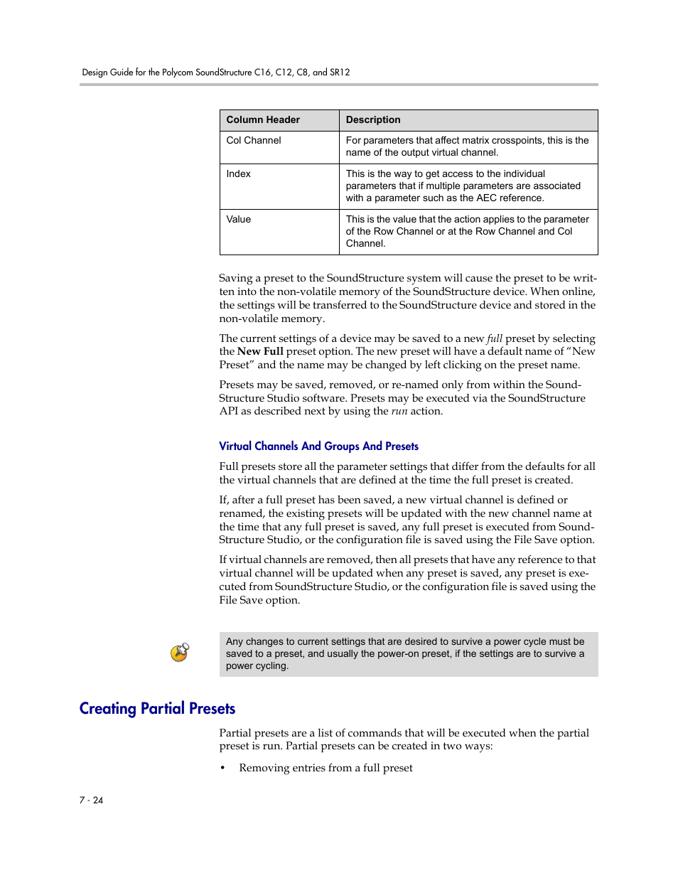 Virtual channels and groups and presets, Creating partial presets, Creating partial presets –24 | Polycom C16 User Manual | Page 200 / 492