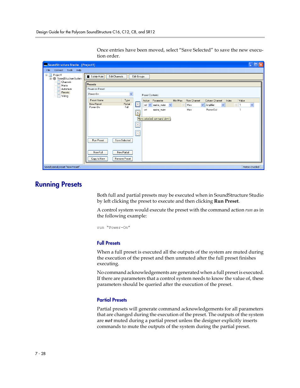 Running presets, Full presets, Partial presets | Running presets –28 | Polycom C16 User Manual | Page 204 / 492