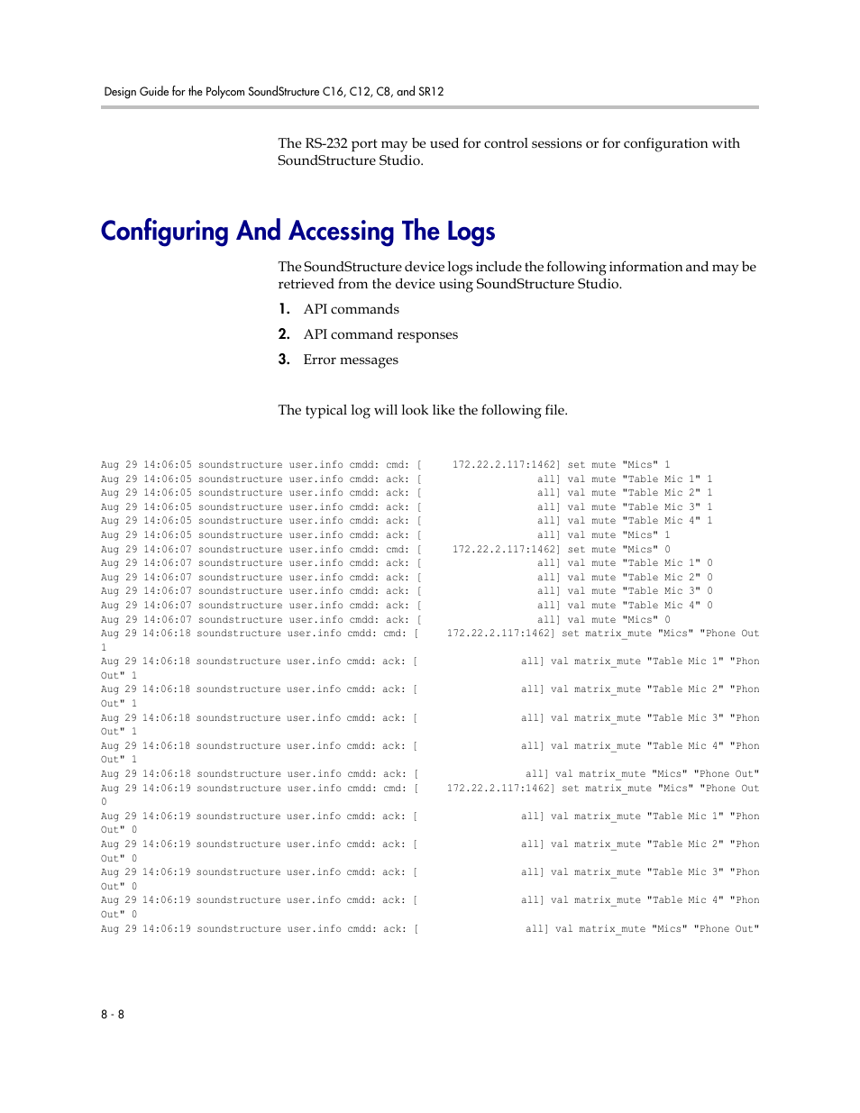 Configuring and accessing the logs, Configuring and accessing the logs –8 | Polycom C16 User Manual | Page 214 / 492