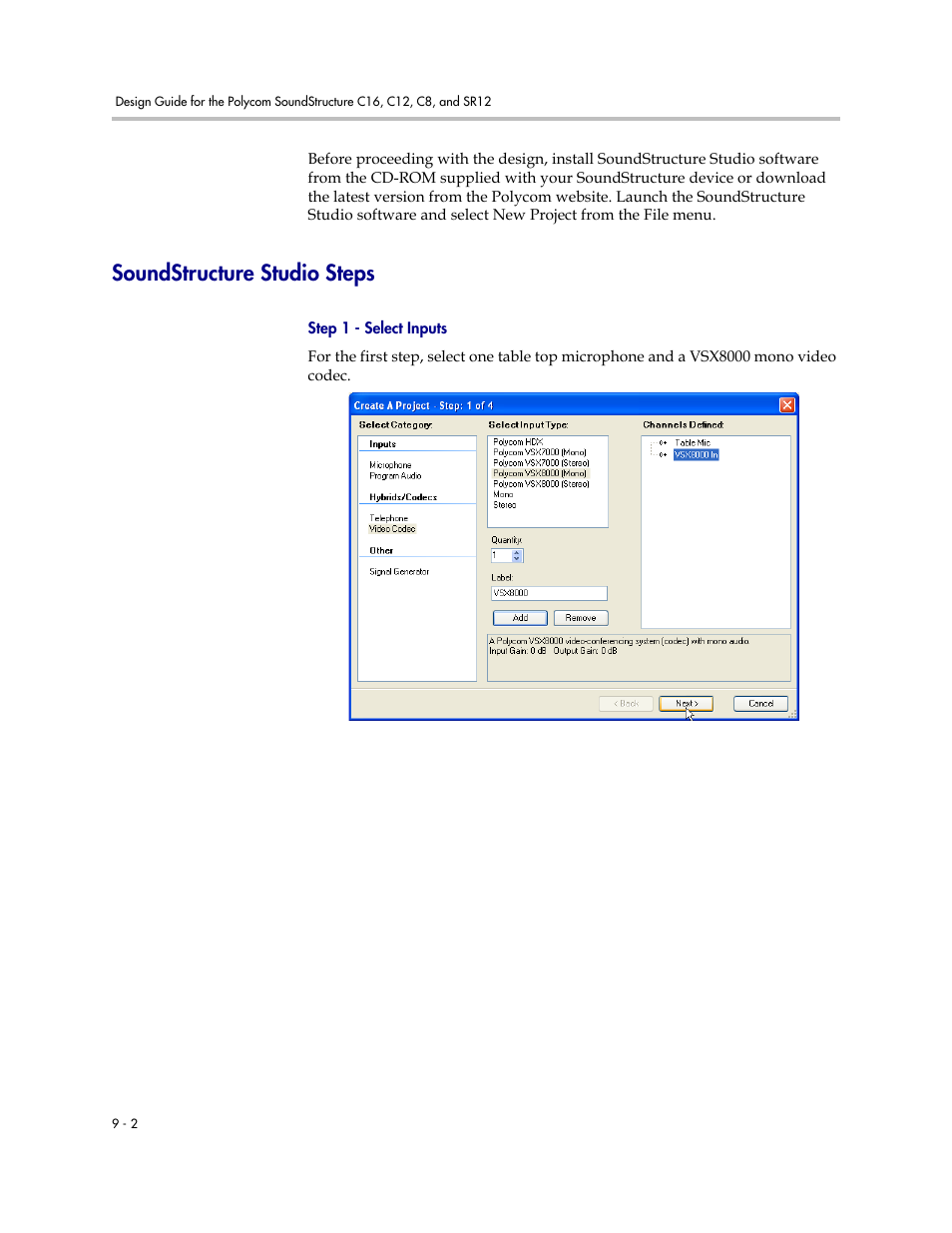 Soundstructure studio steps, Step 1 - select inputs, Soundstructure studio steps –2 | Polycom C16 User Manual | Page 218 / 492