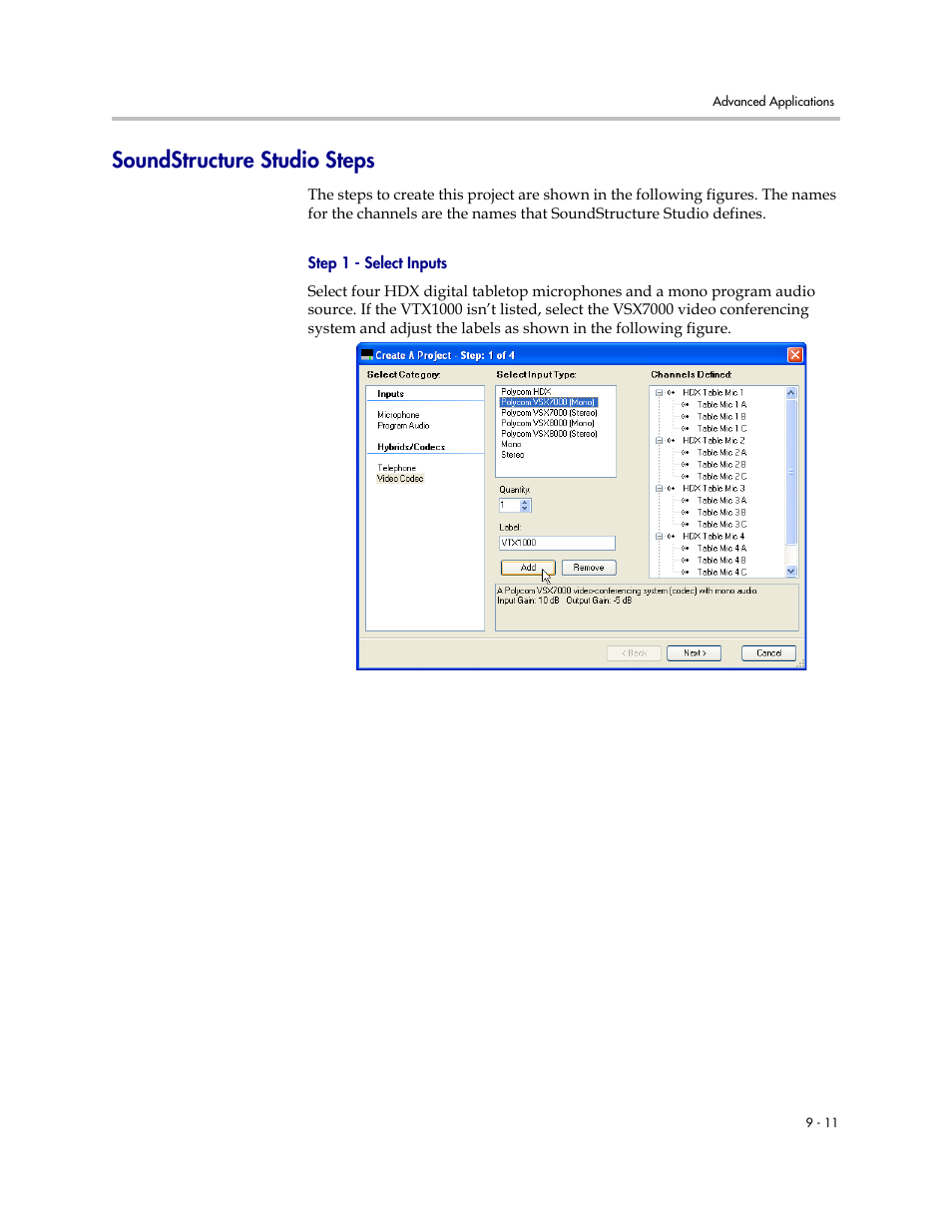 Soundstructure studio steps, Step 1 - select inputs, Soundstructure studio steps –11 | Polycom C16 User Manual | Page 227 / 492
