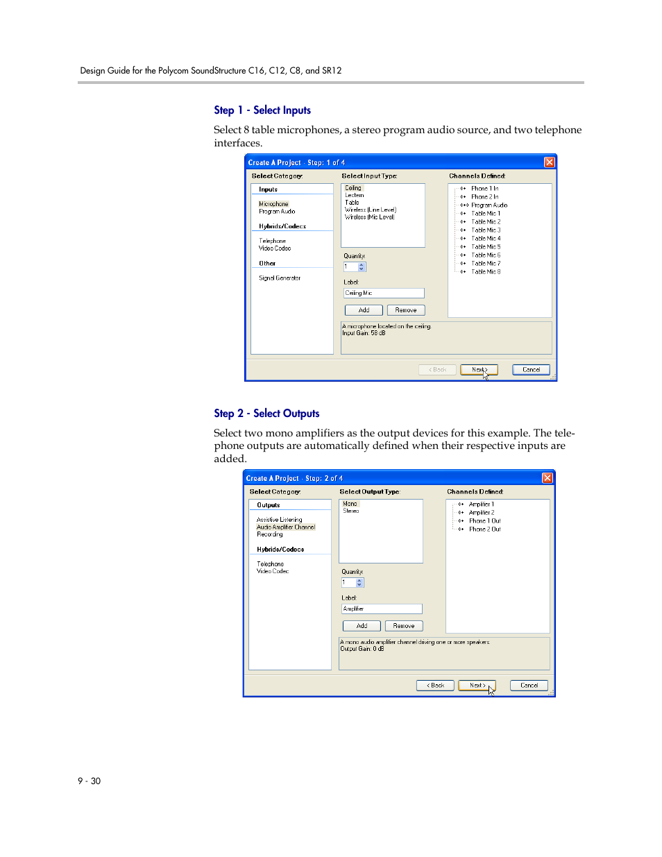 Step 1 - select inputs, Step 2 - select outputs | Polycom C16 User Manual | Page 246 / 492