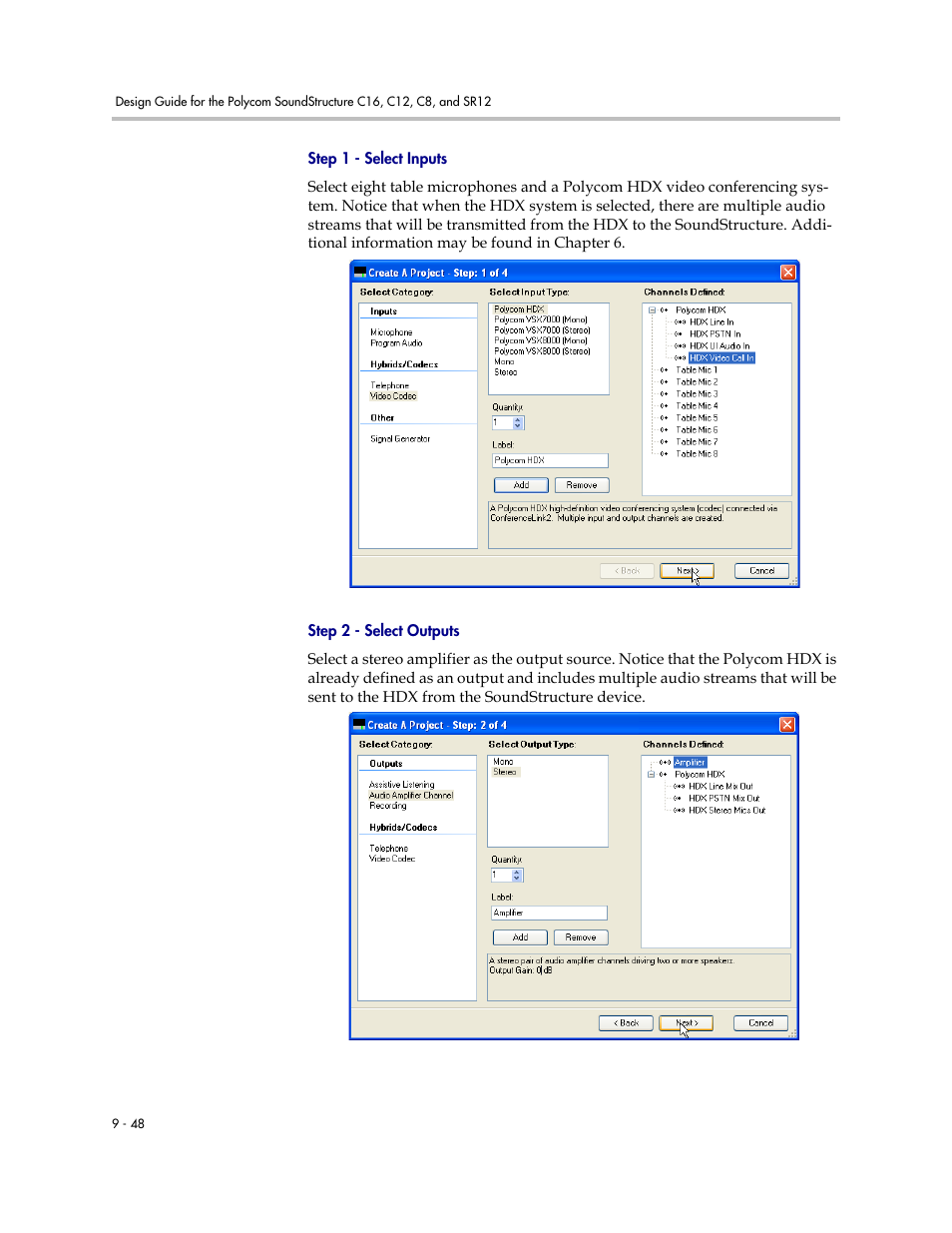 Step 1 - select inputs, Step 2 - select outputs | Polycom C16 User Manual | Page 264 / 492
