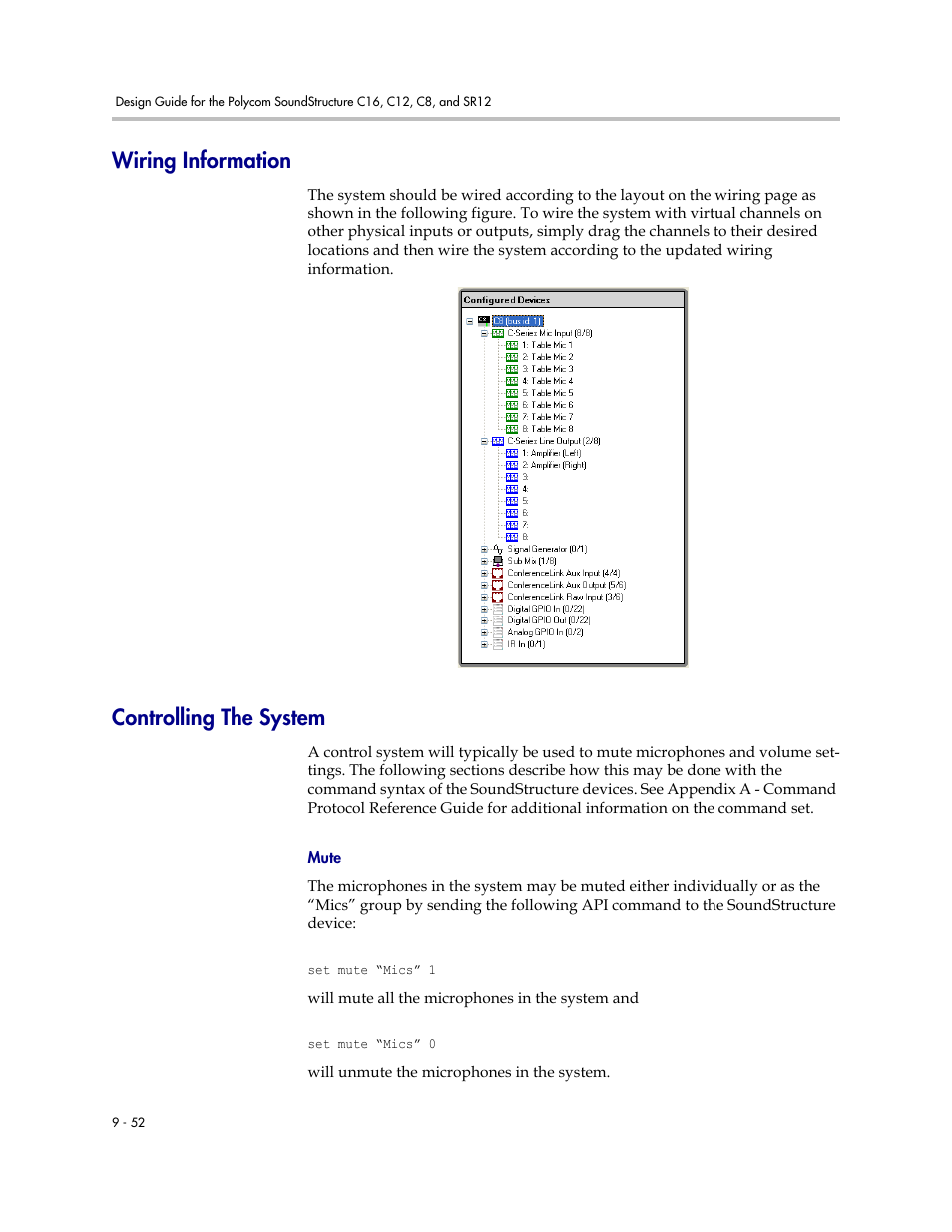 Wiring information, Controlling the system, Mute | Wiring information –52 controlling the system –52 | Polycom C16 User Manual | Page 268 / 492