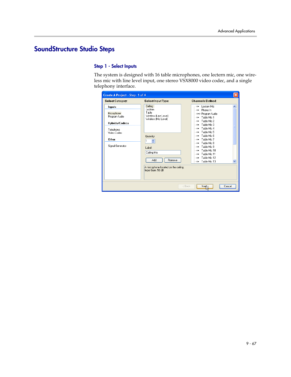 Soundstructure studio steps, Step 1 - select inputs, Soundstructure studio steps –67 | Polycom C16 User Manual | Page 283 / 492