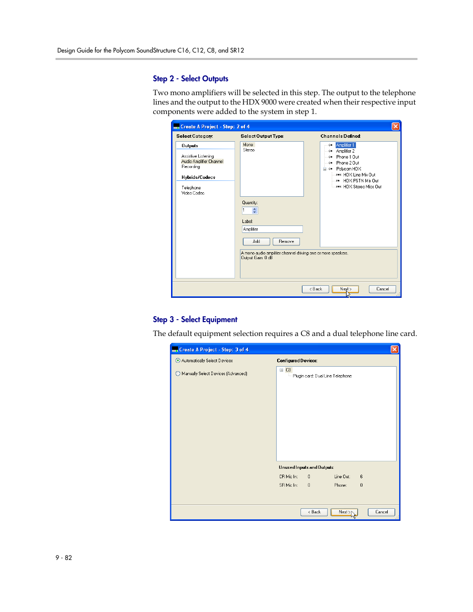 Step 2 - select outputs, Step 3 - select equipment | Polycom C16 User Manual | Page 298 / 492