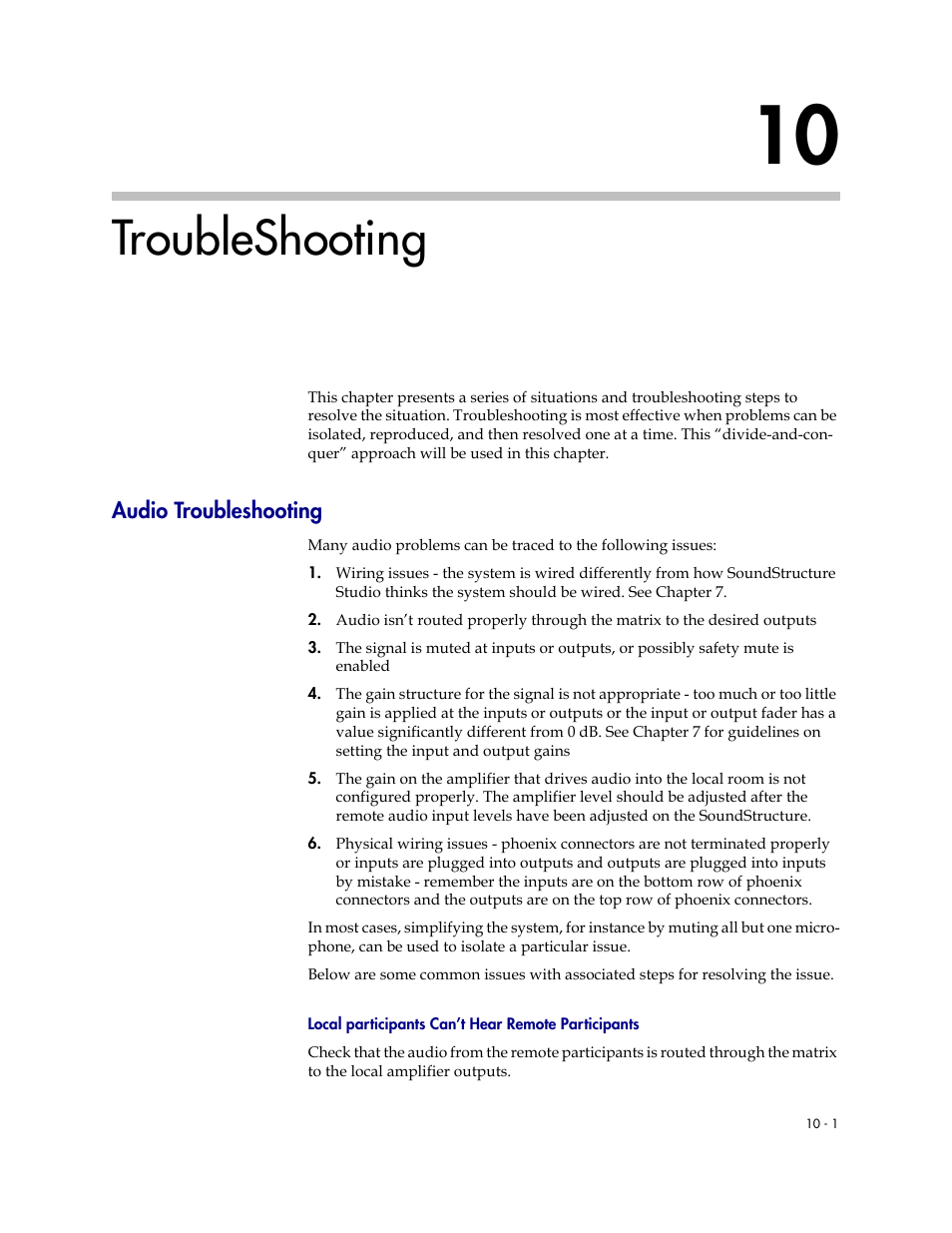 Troubleshooting, Audio troubleshooting, Local participants can’t hear remote participants | 10 troubleshooting –1, Audio troubleshooting –1 | Polycom C16 User Manual | Page 309 / 492
