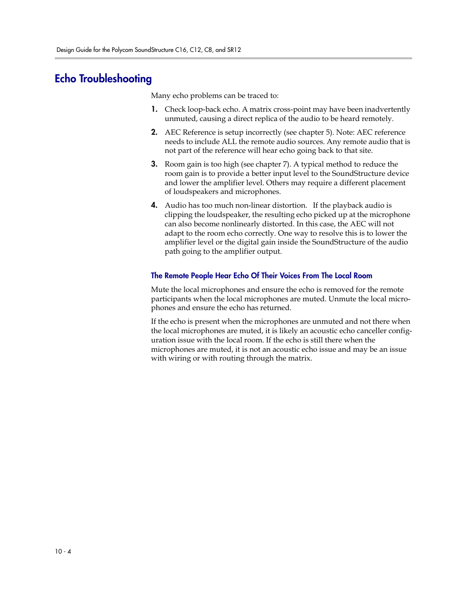 Echo troubleshooting, Echo troubleshooting –4 | Polycom C16 User Manual | Page 312 / 492