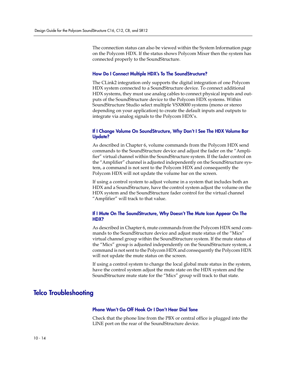 Telco troubleshooting, Phone won’t go off hook or i don’t hear dial tone, Telco troubleshooting –14 | Polycom C16 User Manual | Page 322 / 492