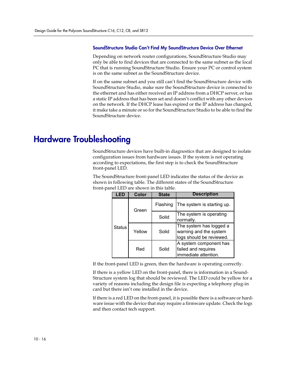 Hardware troubleshooting, Hardware troubleshooting –16 | Polycom C16 User Manual | Page 324 / 492