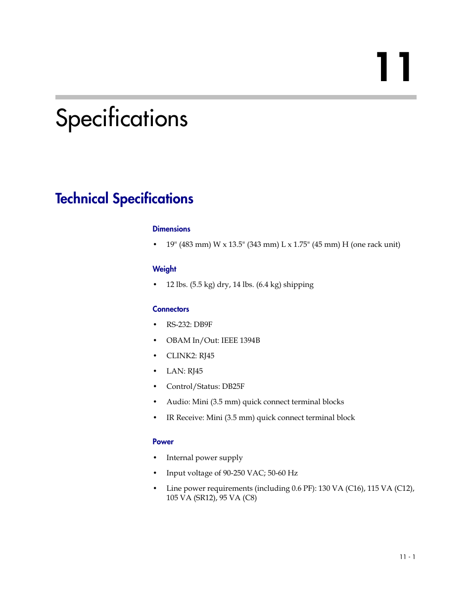 Specifications, Technical specifications, Dimensions | Weight, Connectors, Power, 11 specifications –1, Technical specifications –1 | Polycom C16 User Manual | Page 329 / 492