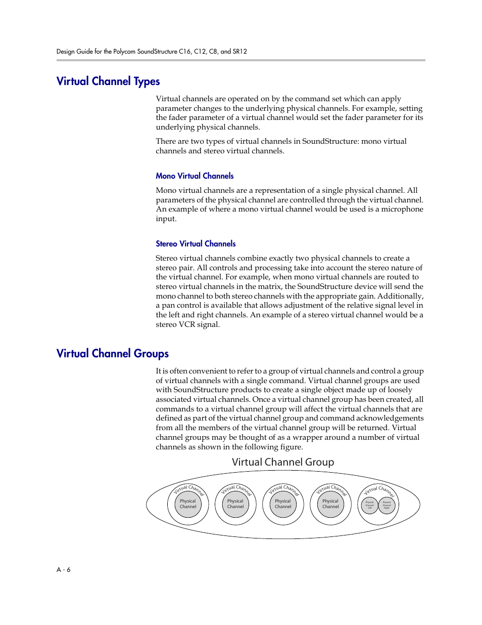 Virtual channel types, Mono virtual channels, Stereo virtual channels | Virtual channel groups, Virtual channel group | Polycom C16 User Manual | Page 348 / 492