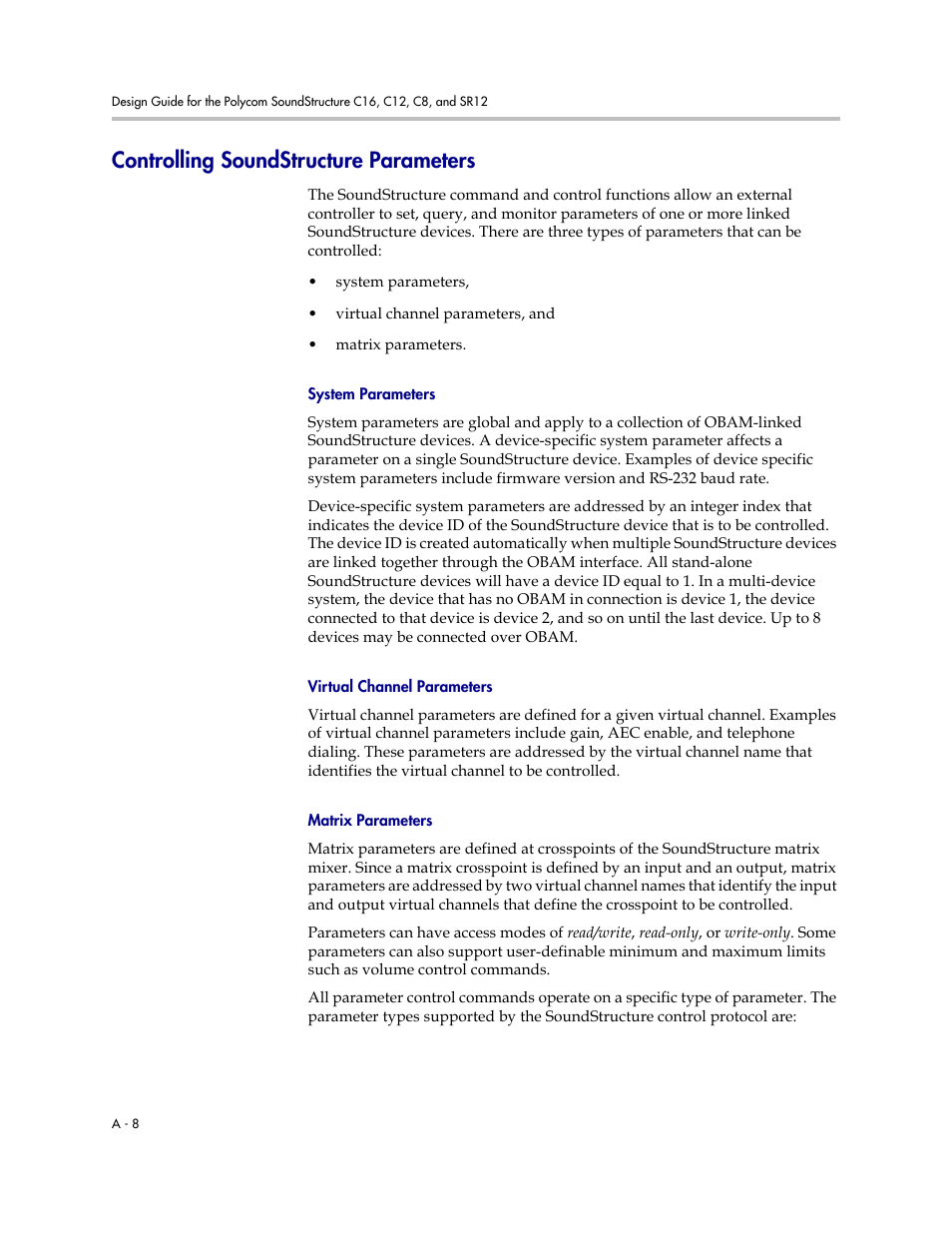 Controlling soundstructure parameters, System parameters, Virtual channel parameters | Matrix parameters | Polycom C16 User Manual | Page 350 / 492