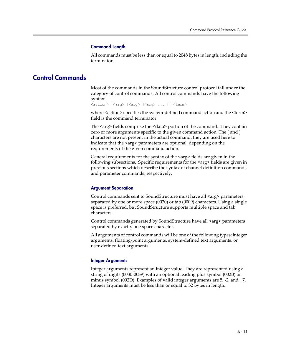 Command length, Control commands, Argument separation | Integer arguments | Polycom C16 User Manual | Page 353 / 492