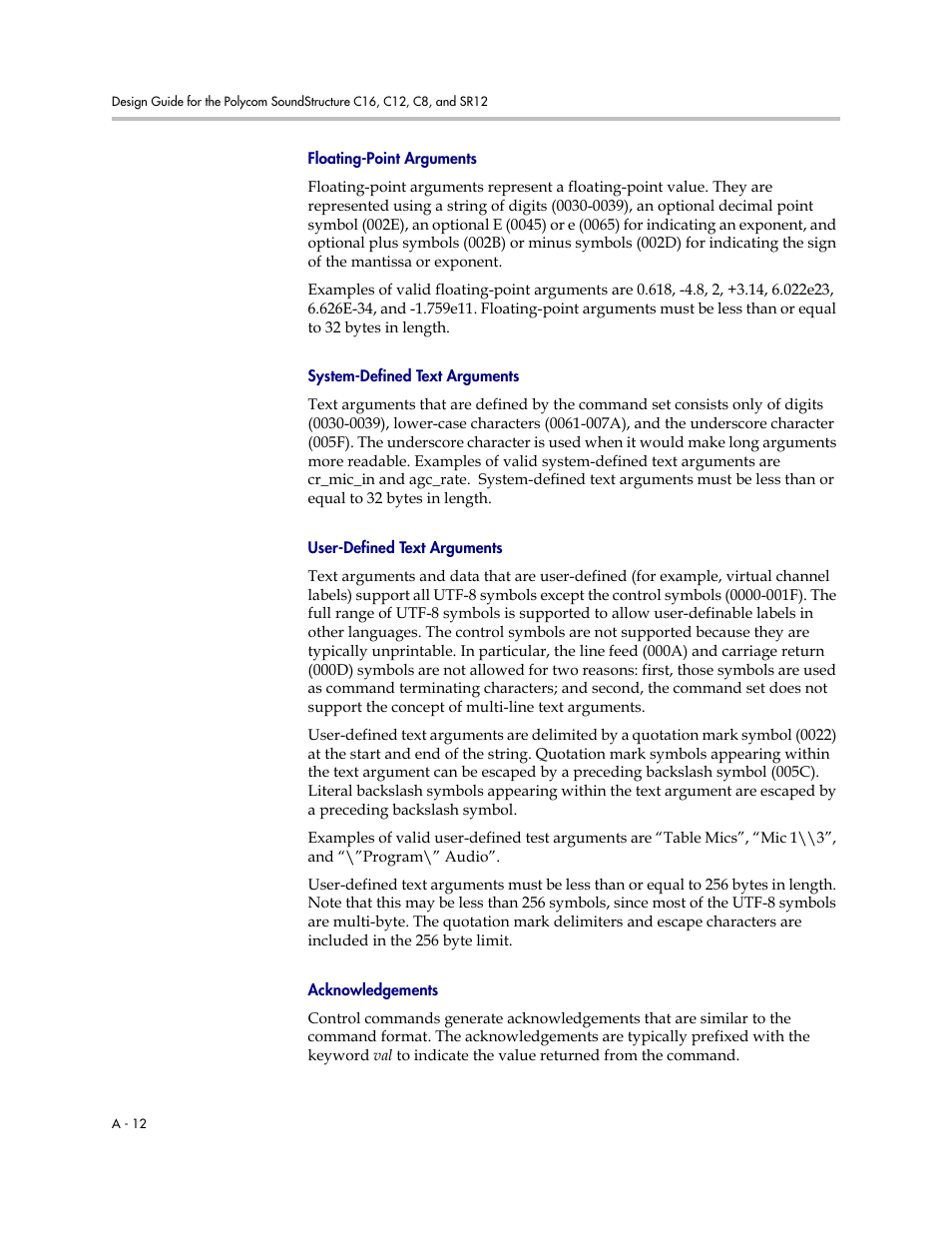 Floating-point arguments, System-defined text arguments, User-defined text arguments | Acknowledgements | Polycom C16 User Manual | Page 354 / 492