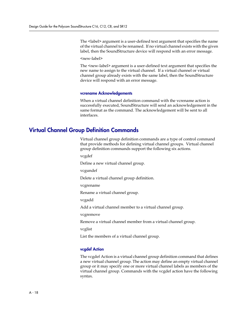 Vcrename acknowledgements, Virtual channel group definition commands, Vcgdef action | Polycom C16 User Manual | Page 360 / 492