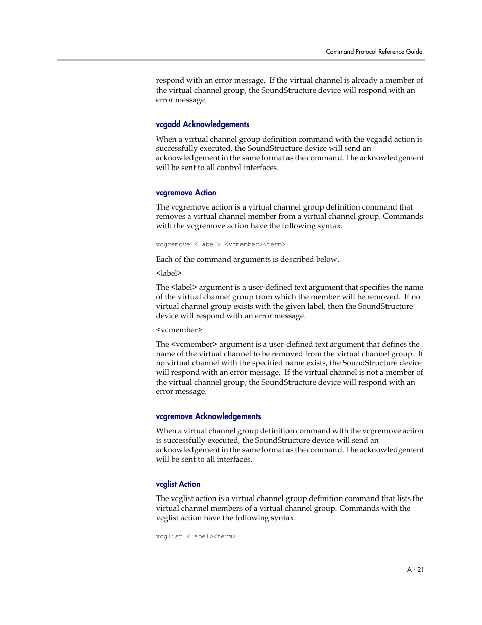 Vcgadd acknowledgements, Vcgremove action, Vcgremove acknowledgements | Vcglist action | Polycom C16 User Manual | Page 363 / 492