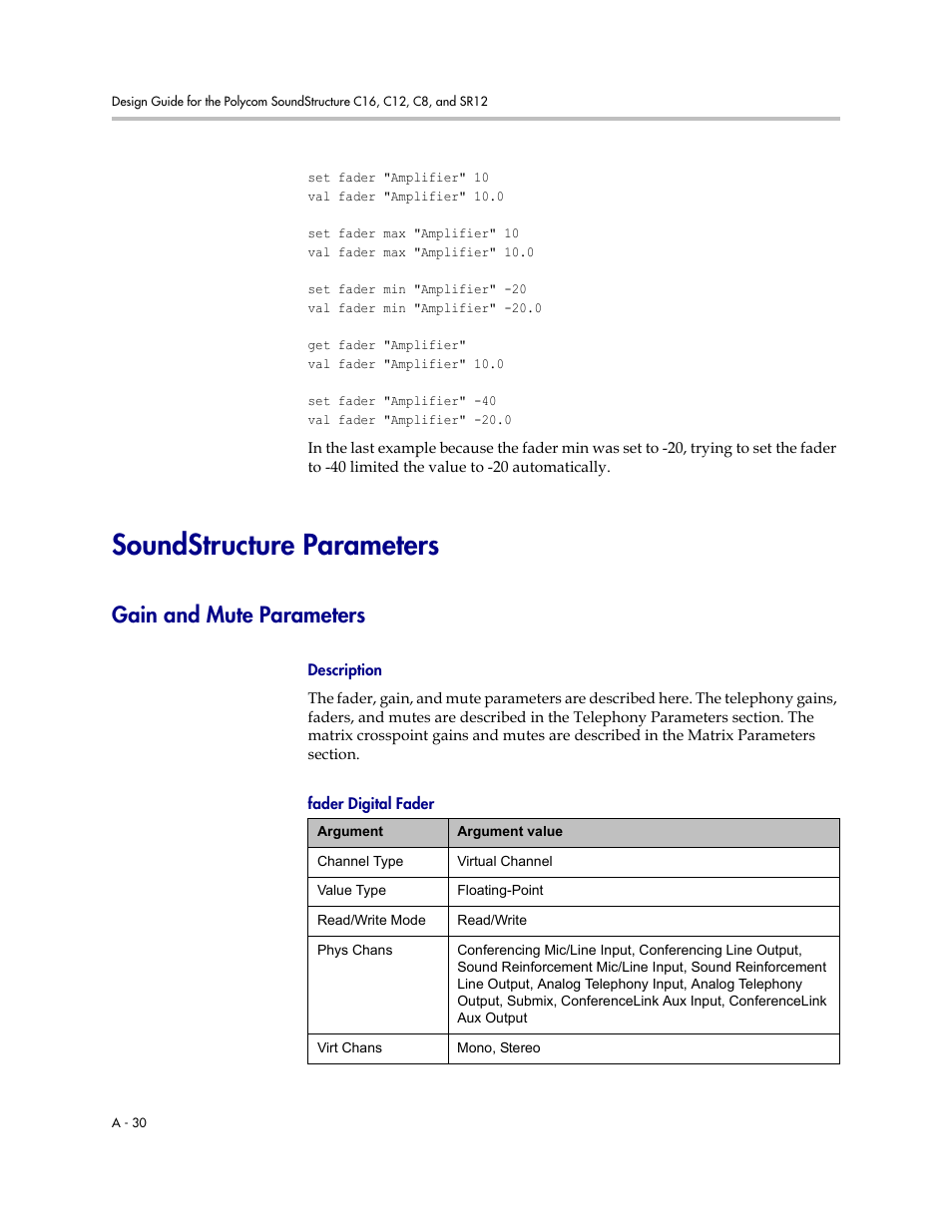 Soundstructure parameters, Gain and mute parameters, Description | Fader digital fader | Polycom C16 User Manual | Page 372 / 492