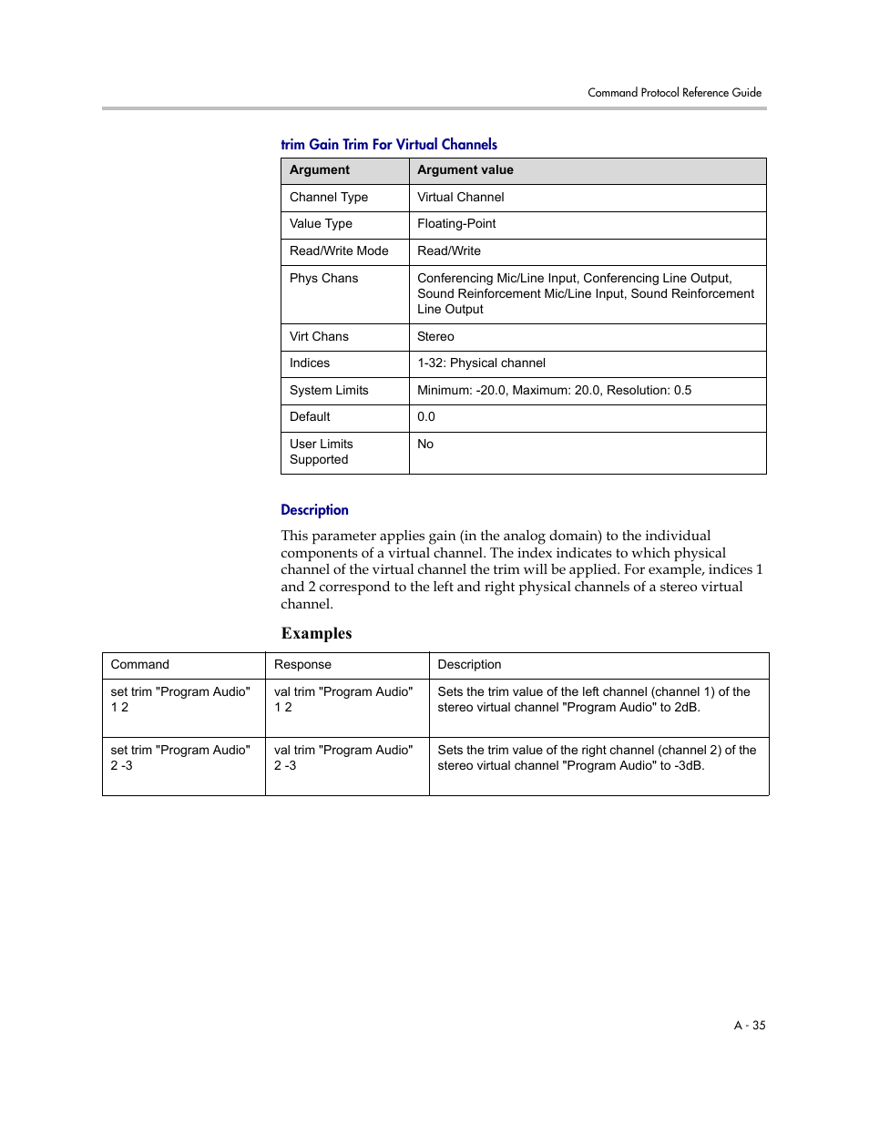 Trim gain trim for virtual channels, Description, Examples | Polycom C16 User Manual | Page 377 / 492